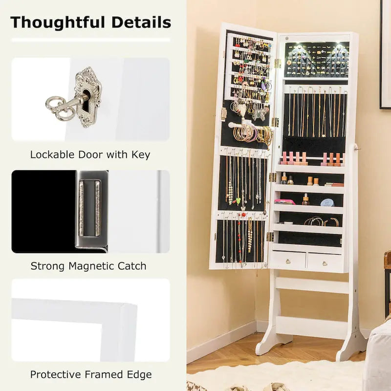 Lockable Mirrored Jewelry Cabinet Armoire Organizer Storage - See Details