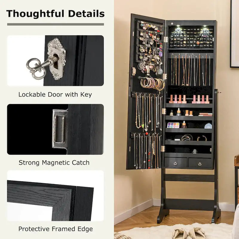 Lockable Mirrored Jewelry Cabinet Armoire Organizer Storage - See Details