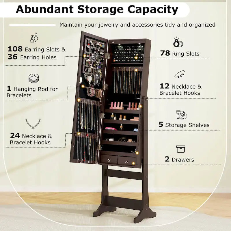 Lockable Mirrored Jewelry Cabinet Armoire Organizer Storage - See Details