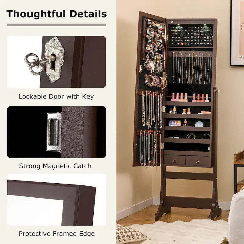 Lockable Mirrored Jewelry Cabinet Armoire Organizer Storage - See Details