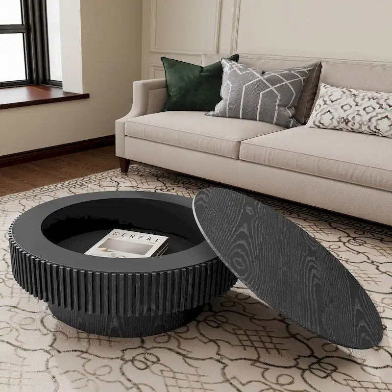 Modern Solid Wood Veneered Round Coffee Tea Table with Storage