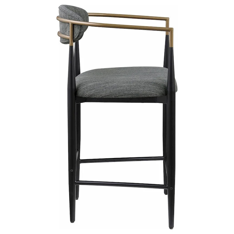 Counter Chair Set of 2, Gray Fabric, Gold, Black Metal 25 Inch