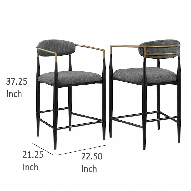 Counter Chair Set of 2, Gray Fabric, Gold, Black Metal 25 Inch