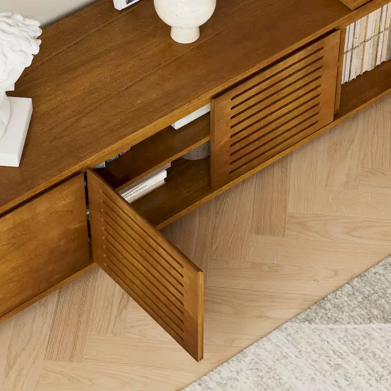 Mid Century Expandable TV Stand with 4 Storage Cabinets and Hollowout Door for Living Room Entertainment Center
