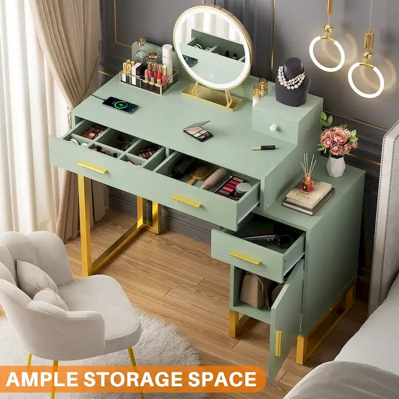 Vanity Desk with 4 Storage Drawers,Modern Makeup Vanity Table with Charging Station