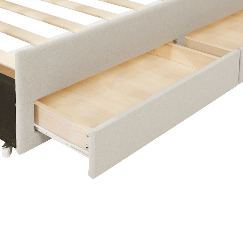 Linen Fabric Upholstered Platform Bed with Stripe Headboard & Footboard, Pull-out Trundle Bed & 3 Drawers, Wood Panel Bed