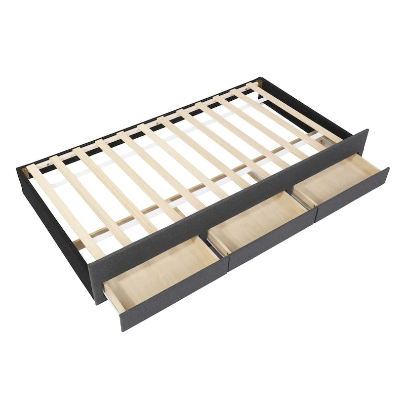 Linen Fabric Upholstered Platform Bed with Stripe Headboard & Footboard, Pull-out Trundle Bed & 3 Drawers, Wood Panel Bed
