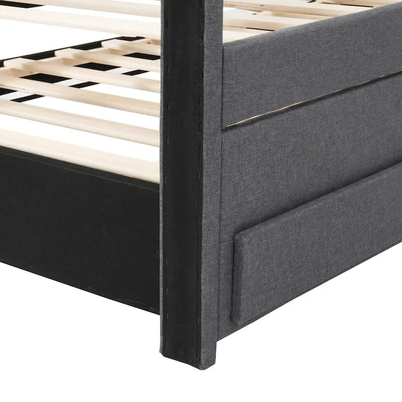 Linen Fabric Upholstered Platform Bed with Stripe Headboard & Footboard, Pull-out Trundle Bed & 3 Drawers, Wood Panel Bed