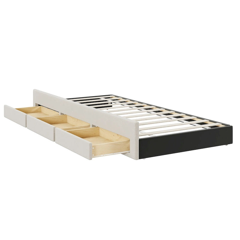 Linen Fabric Upholstered Platform Bed with Stripe Headboard & Footboard, Pull-out Trundle Bed & 3 Drawers, Wood Panel Bed