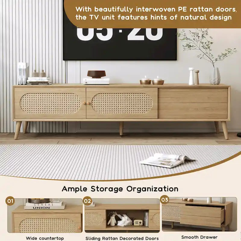 TV Stand for TVs up to 80 , Modern Media Console, Entertainment Center with Wood Legs, TV Cabinet for Living Room