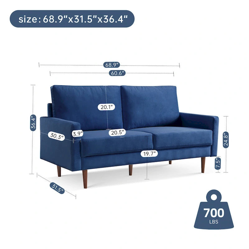 69 Inch Wide Upholstered Sofa with Square Arms