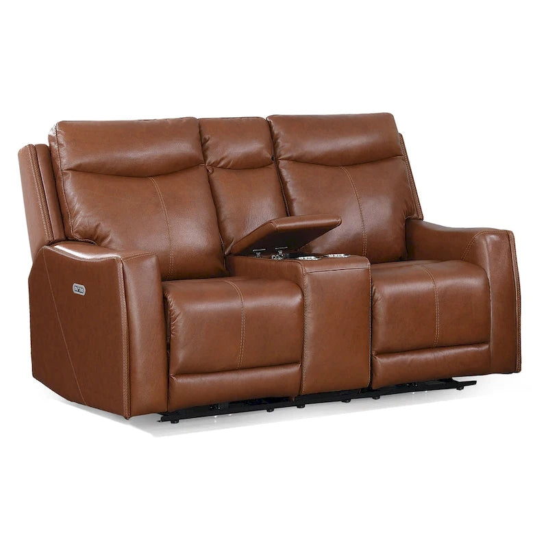 Power Top Grain Leather Reclining Loveseat with Console by