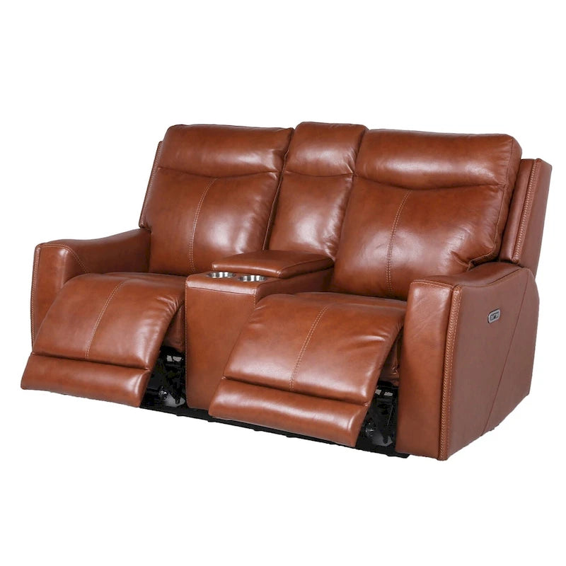 Power Top Grain Leather Reclining Loveseat with Console by