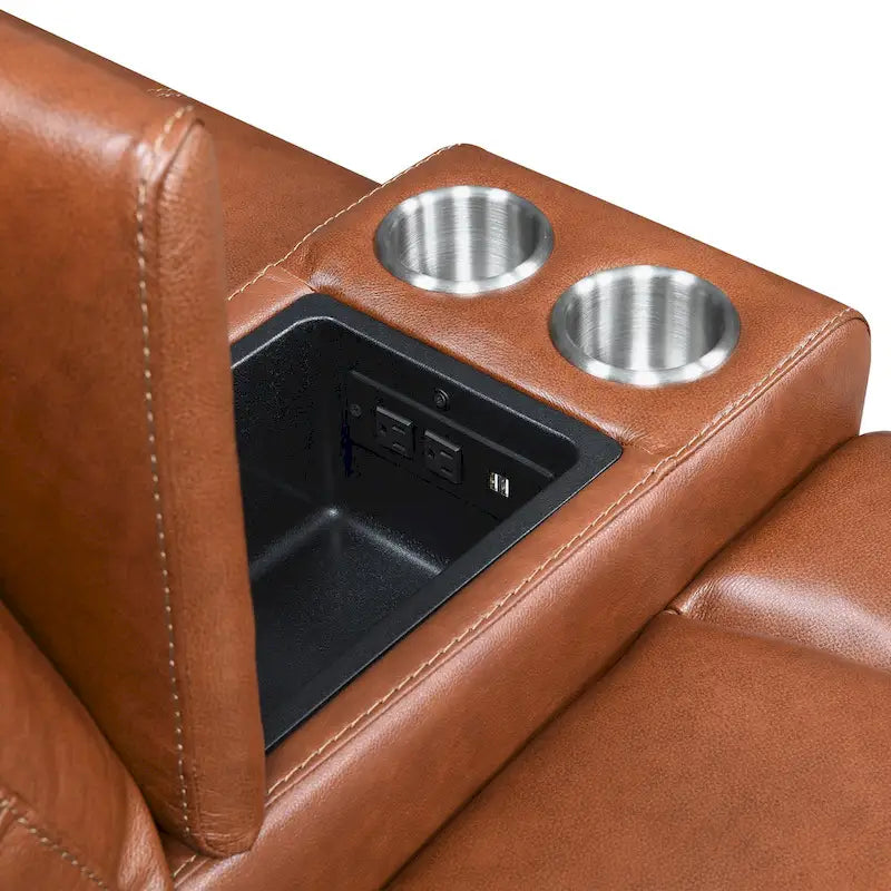 Power Top Grain Leather Reclining Loveseat with Console by