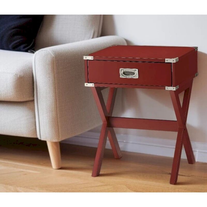 24 Red Wood Cross Legs End Table With Drawer - 18 W x 16 D x 24 H