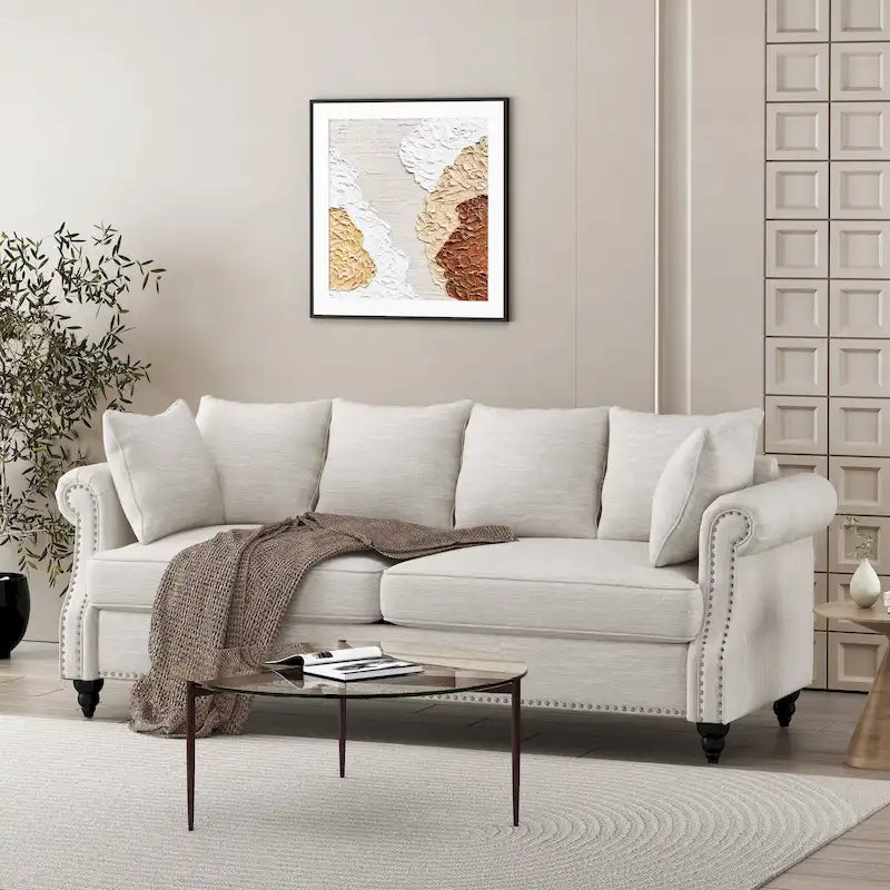 Fabric Pillowback 3 Seater Sofa with Nailhead Trim by