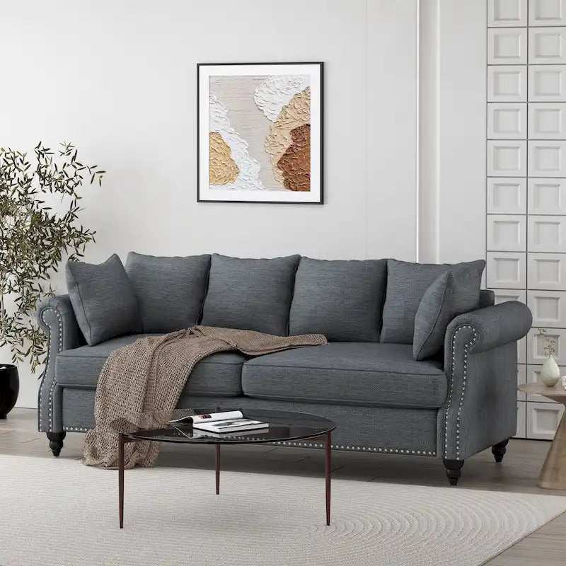 Fabric Pillowback 3 Seater Sofa with Nailhead Trim by