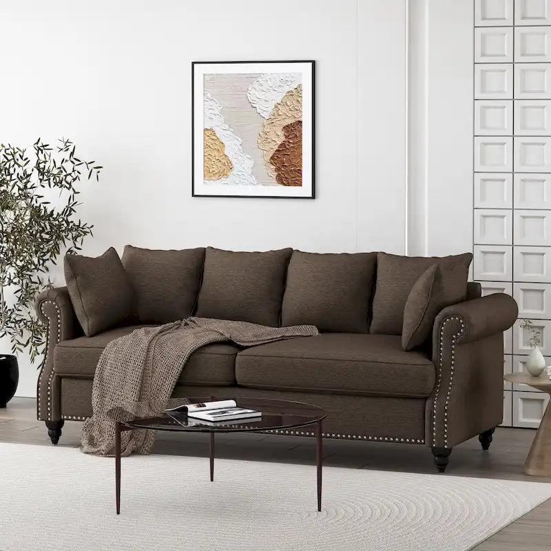 Fabric Pillowback 3 Seater Sofa with Nailhead Trim by