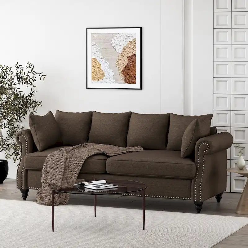 Fabric Pillowback 3 Seater Sofa with Nailhead Trim by