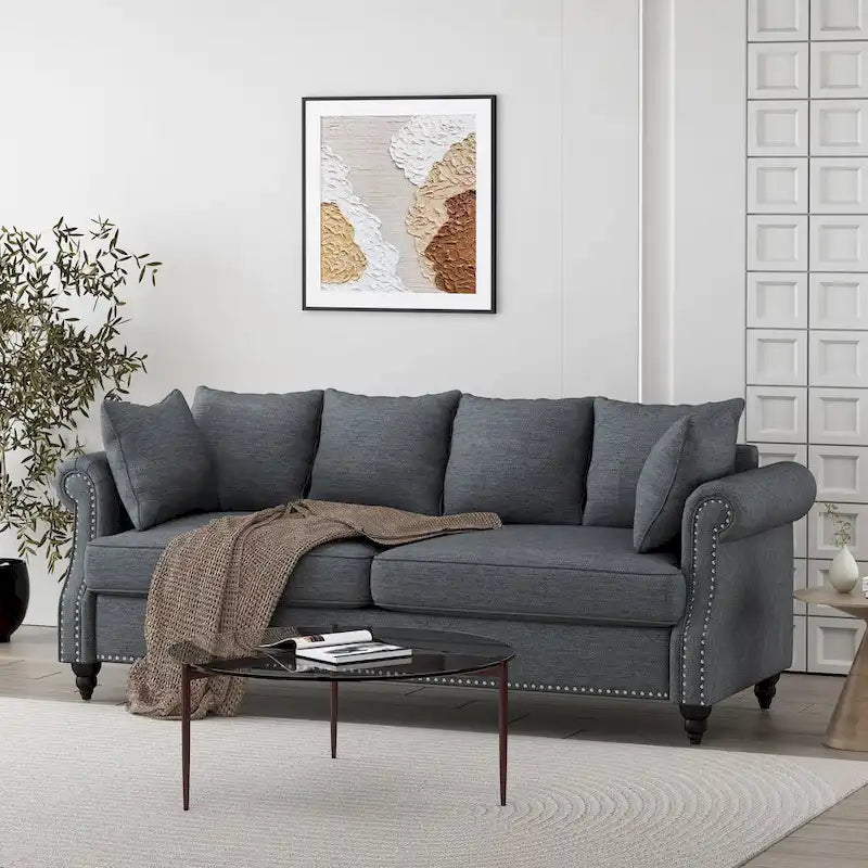 Fabric Pillowback 3 Seater Sofa with Nailhead Trim by