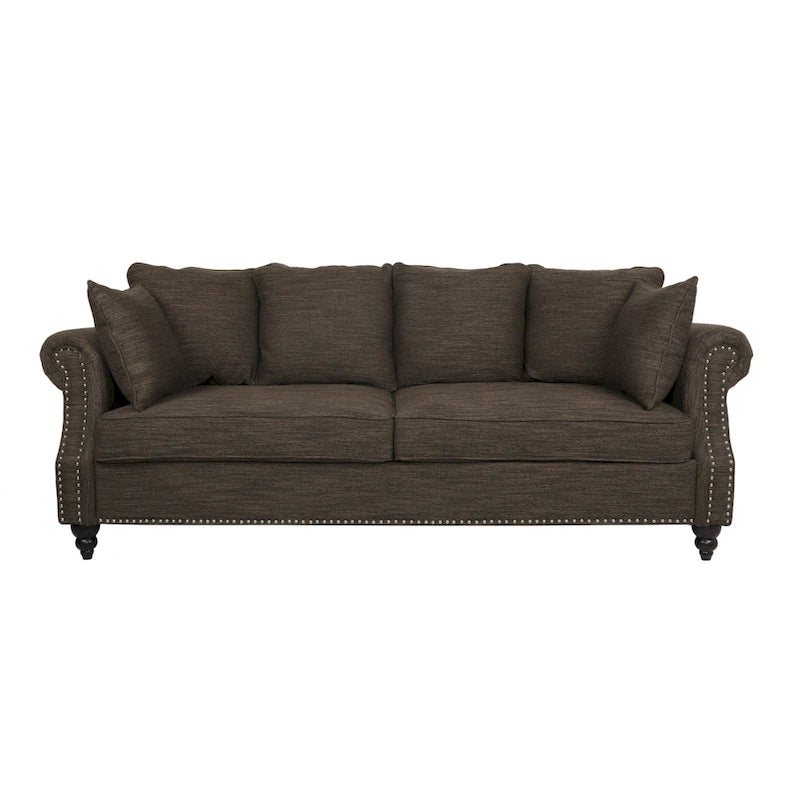 Fabric Pillowback 3 Seater Sofa with Nailhead Trim by