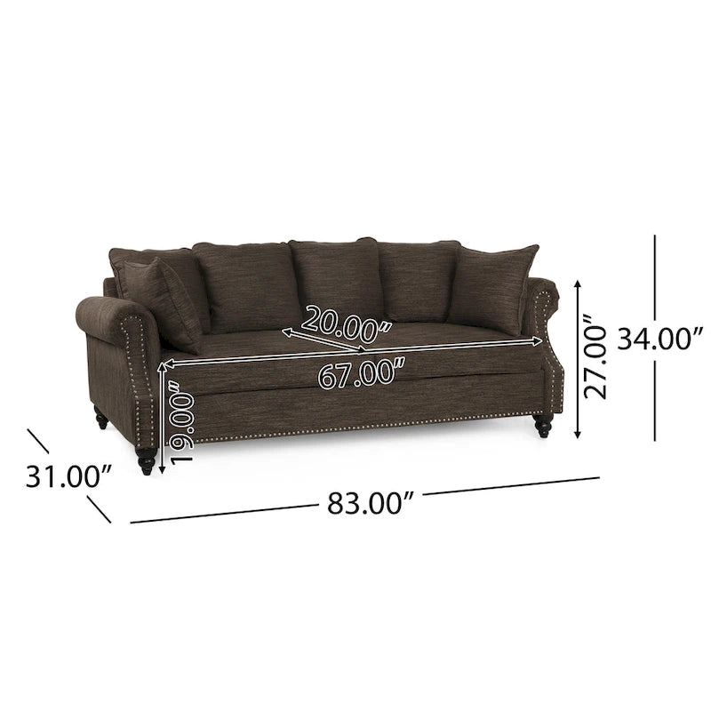Fabric Pillowback 3 Seater Sofa with Nailhead Trim by