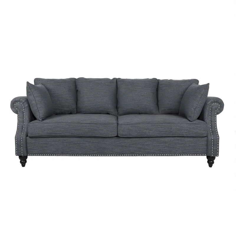 Fabric Pillowback 3 Seater Sofa with Nailhead Trim by