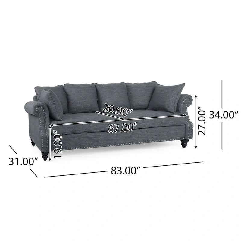 Fabric Pillowback 3 Seater Sofa with Nailhead Trim by