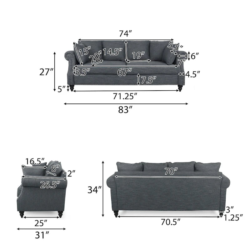 Fabric Pillowback 3 Seater Sofa with Nailhead Trim by