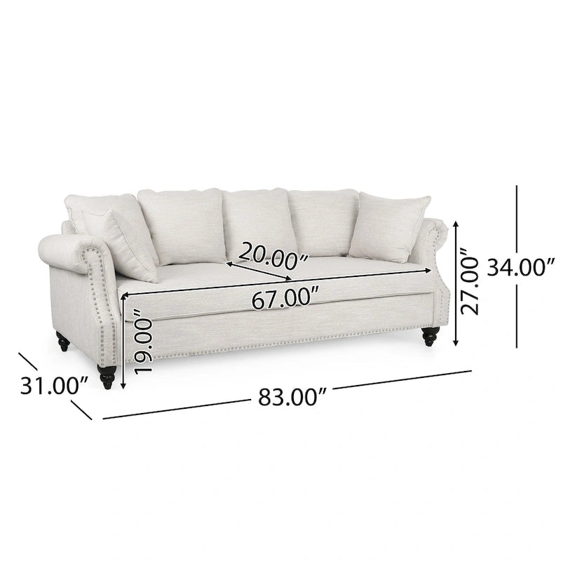 Fabric Pillowback 3 Seater Sofa with Nailhead Trim by