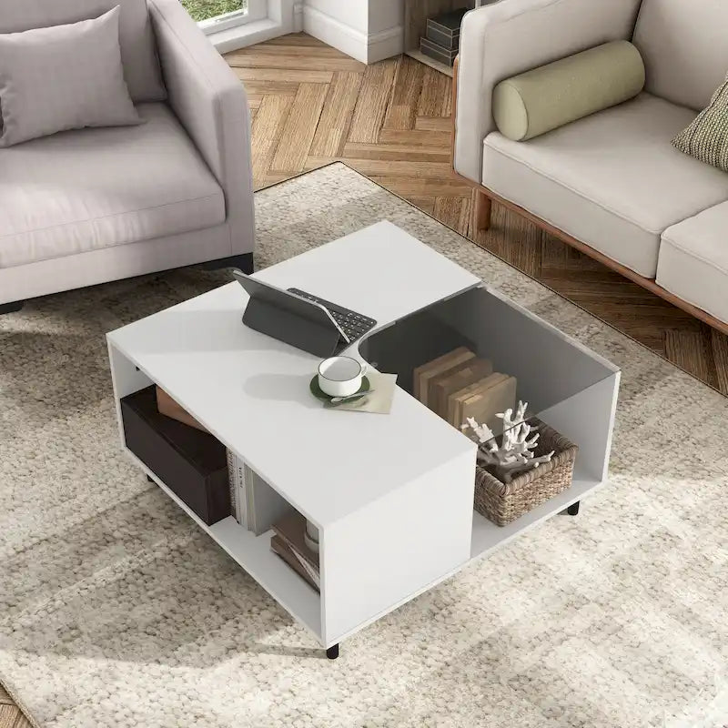 Modern White Square Coffee Table with 16 Colors LED Light, Shelf, and Drawer by