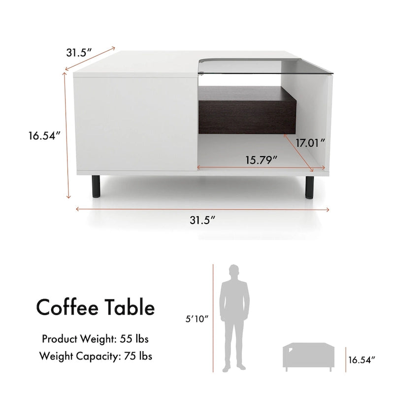 Modern White Square Coffee Table with 16 Colors LED Light, Shelf, and Drawer by