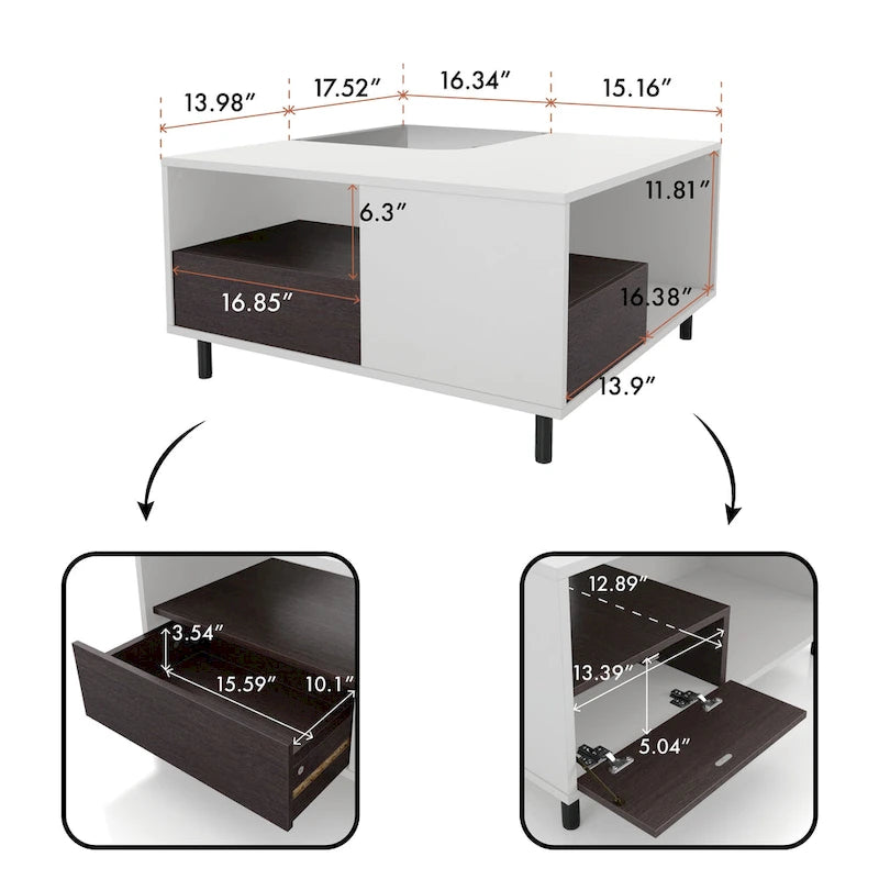 Modern White Square Coffee Table with 16 Colors LED Light, Shelf, and Drawer by