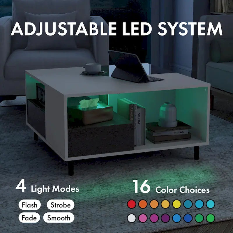 Modern White Square Coffee Table with 16 Colors LED Light, Shelf, and Drawer by