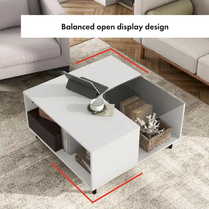 Modern White Square Coffee Table with 16 Colors LED Light, Shelf, and Drawer by
