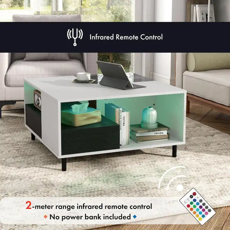 Modern White Square Coffee Table with 16 Colors LED Light, Shelf, and Drawer by