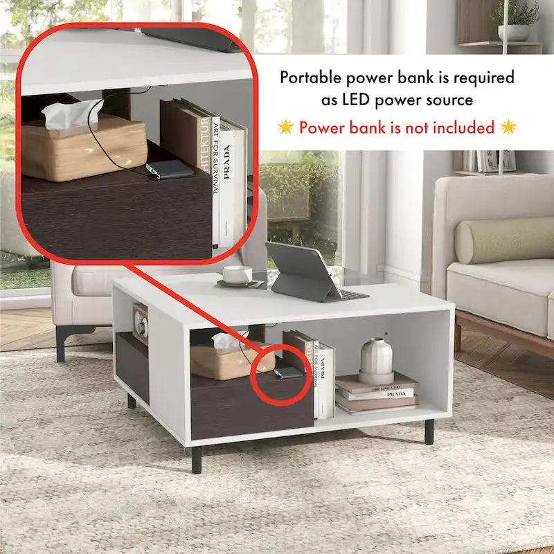 Modern White Square Coffee Table with 16 Colors LED Light, Shelf, and Drawer by