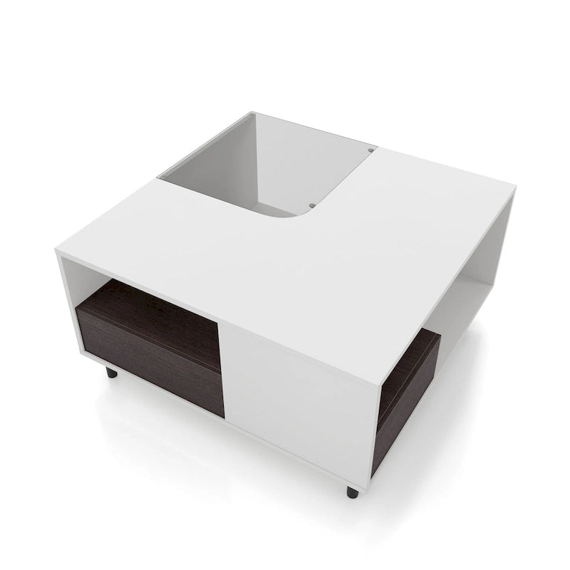 Modern White Square Coffee Table with 16 Colors LED Light, Shelf, and Drawer by