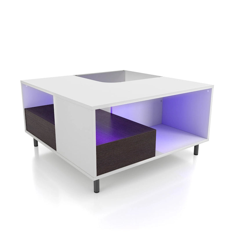 Modern White Square Coffee Table with 16 Colors LED Light, Shelf, and Drawer by