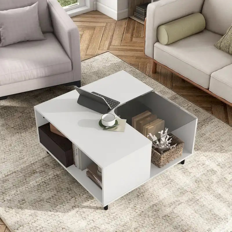 Modern White Square Coffee Table with 16 Colors LED Light, Shelf, and Drawer by