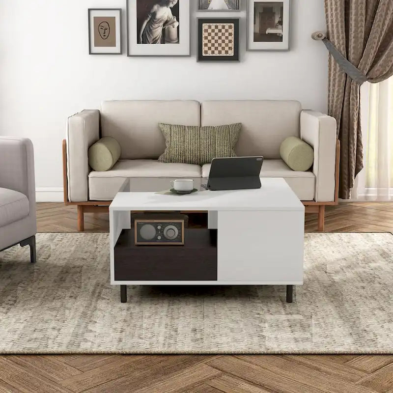 Modern White Square Coffee Table with 16 Colors LED Light, Shelf, and Drawer by