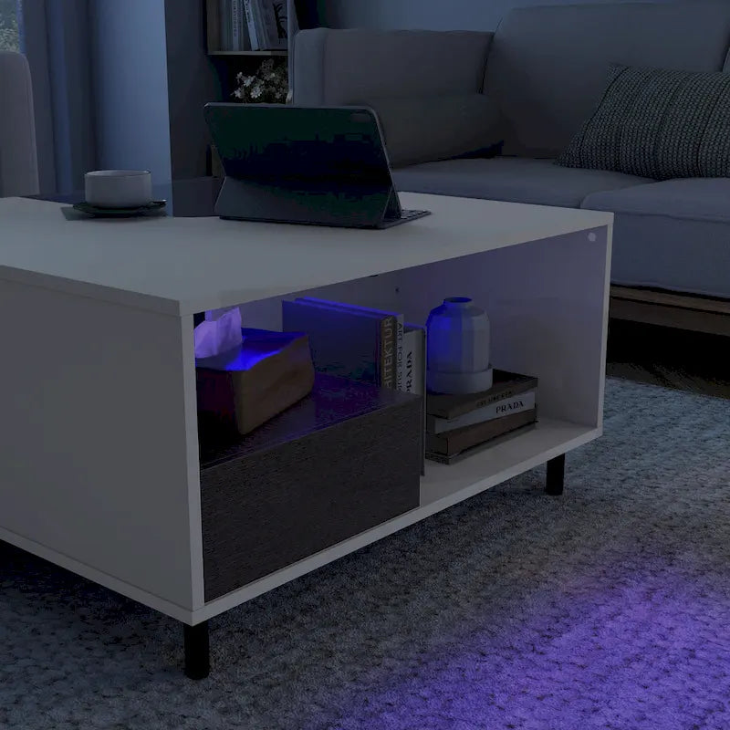 Modern White Square Coffee Table with 16 Colors LED Light, Shelf, and Drawer by