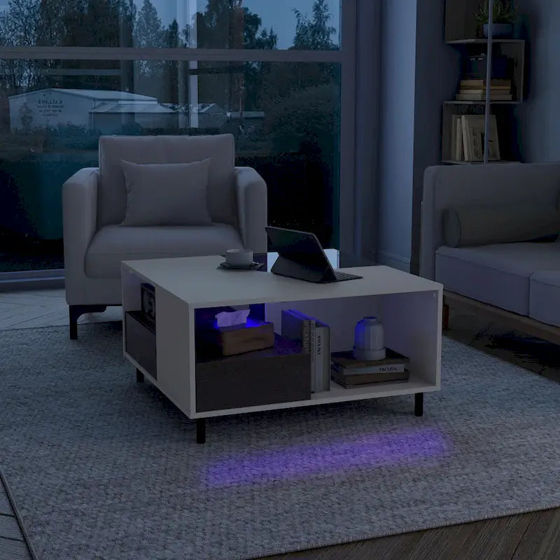 Modern White Square Coffee Table with 16 Colors LED Light, Shelf, and Drawer by