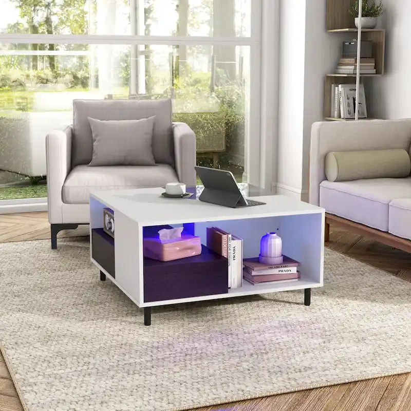 Modern White Square Coffee Table with 16 Colors LED Light, Shelf, and Drawer by
