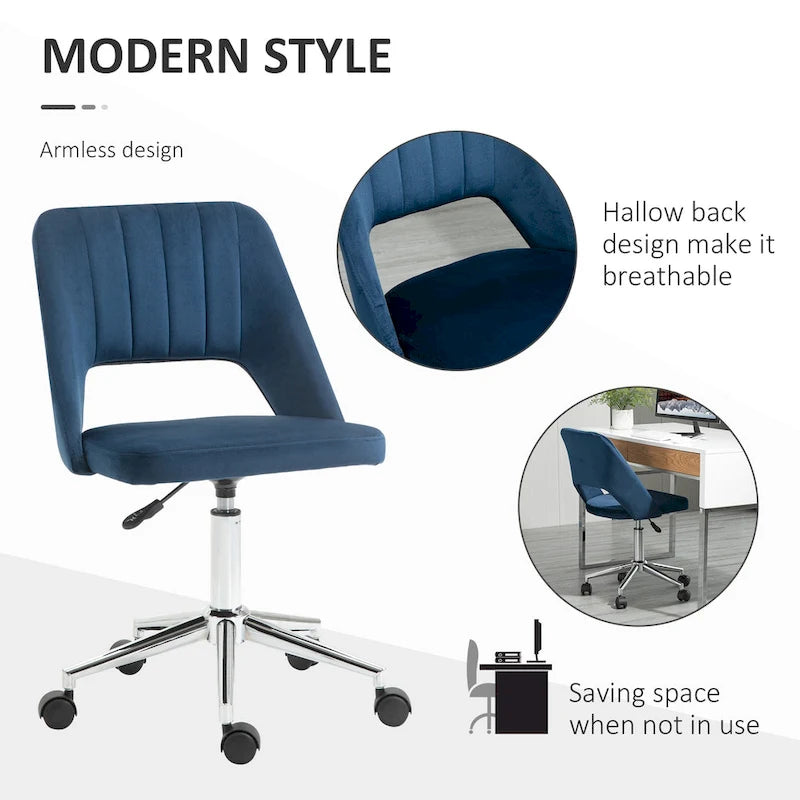 Modern Mid Back Office Chair with Velvet Fabric, Swivel Computer Armless Desk Chair