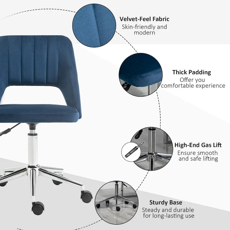 Modern Mid Back Office Chair with Velvet Fabric, Swivel Computer Armless Desk Chair