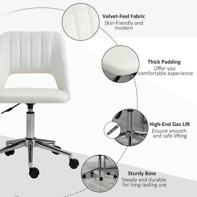Modern Mid Back Office Chair with Velvet Fabric, Swivel Computer Armless Desk Chair
