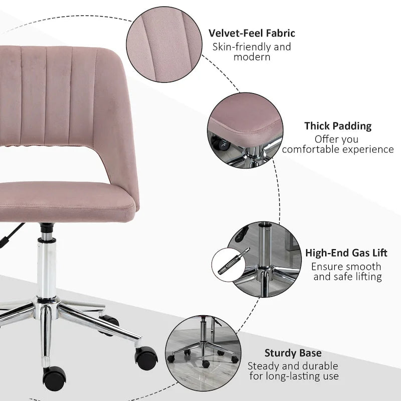 Modern Mid Back Office Chair with Velvet Fabric, Swivel Computer Armless Desk Chair