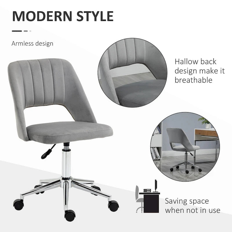 Modern Mid Back Office Chair with Velvet Fabric, Swivel Computer Armless Desk Chair