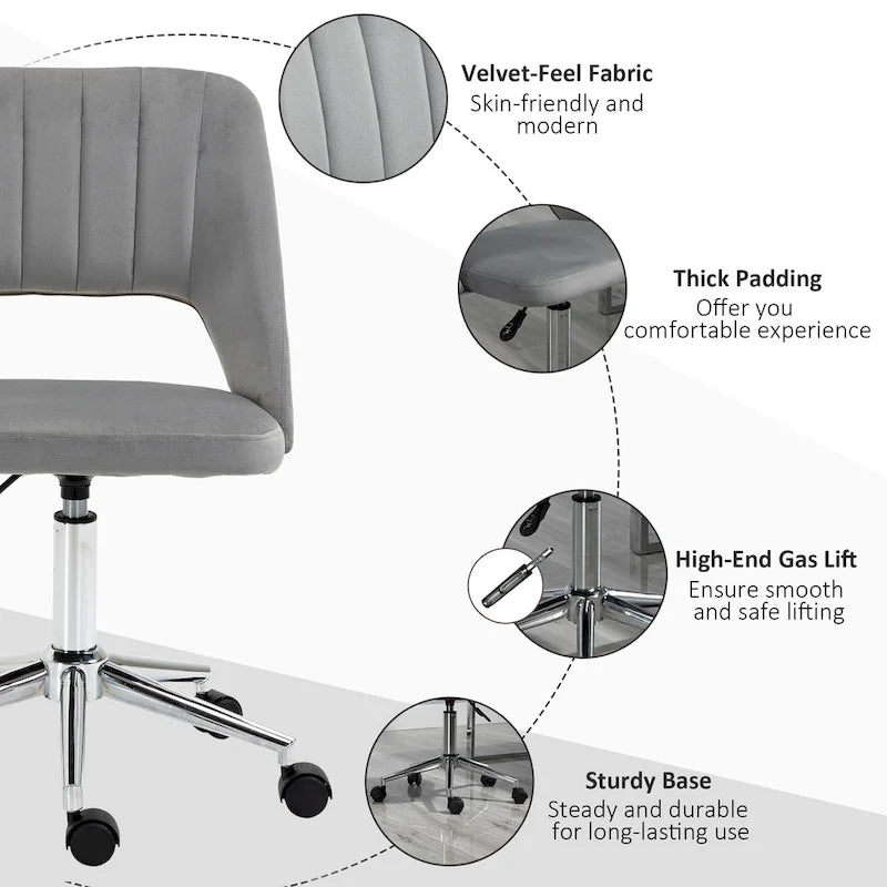 Modern Mid Back Office Chair with Velvet Fabric, Swivel Computer Armless Desk Chair